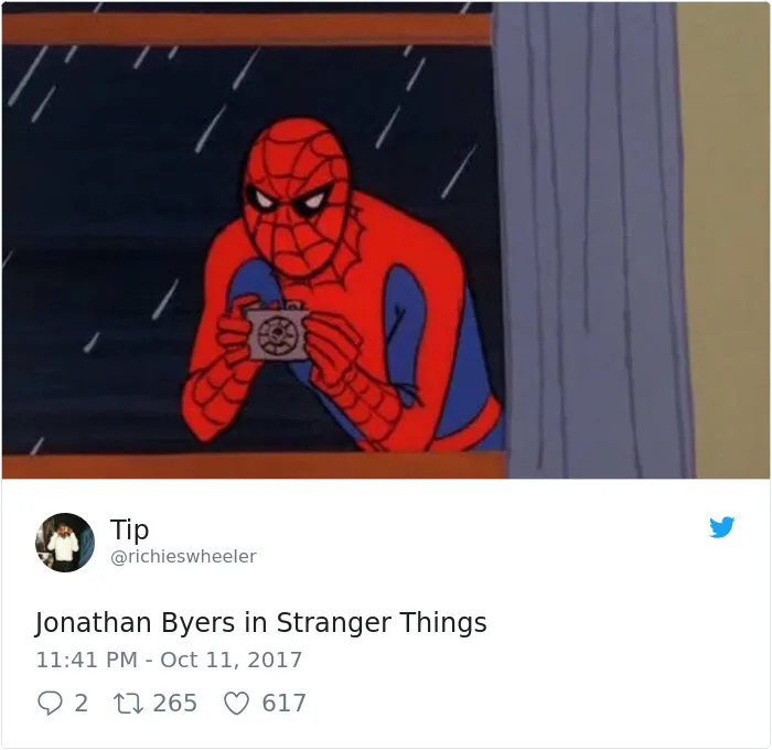 Spider-Man taking a photo meme referencing Stranger Things character Jonathan Byers.