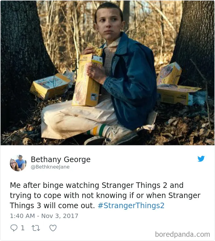 Character in a blue jacket holding snacks in a forest, representing Stranger Things memes mood boost.