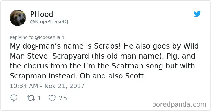 Tweet showing a humorous example of people sharing the names they now call their pets instead of the original one.