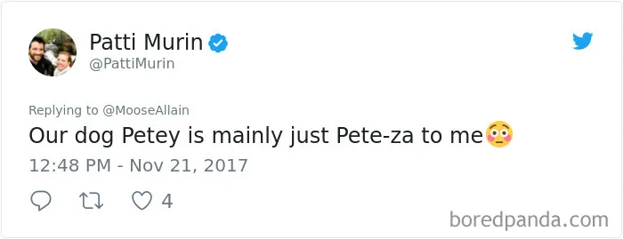Tweet showing a person sharing the new funny name they call their pet dog instead of the original one.
