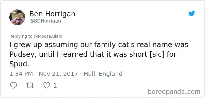 Tweet showing a person sharing a funny story about the names they now call their pet cat instead of the original one.