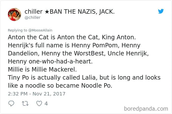 Tweet showing funny new names people call their pets instead of the original one, sharing creative and hilarious pet name ideas.