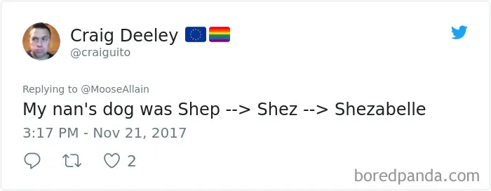 Tweet showing a humorous example of people sharing the names they now call their pets instead of the original one.