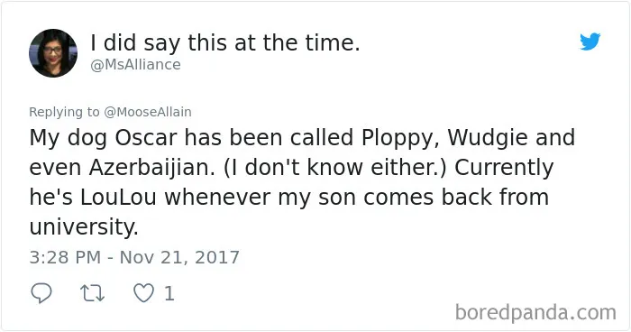 Tweet about people sharing the funny new names they call their pets instead of the original ones.