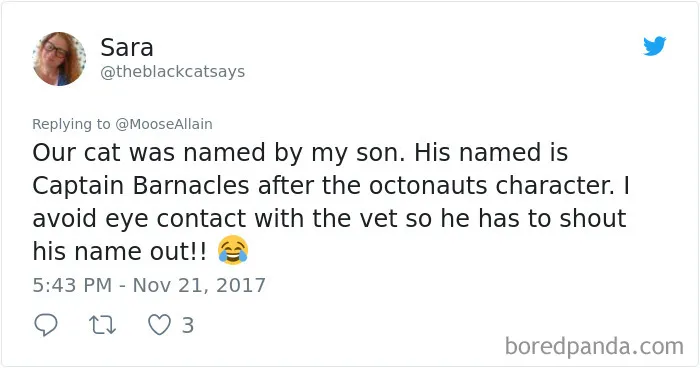 Tweet from Sara sharing a funny pet name change to Captain Barnacles, highlighting people sharing names they call their pets.
