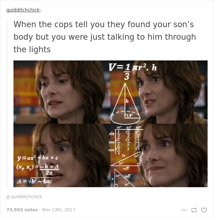 "Stranger Things meme with a character looking confused, surrounded by math equations."