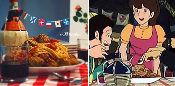 Espaguetis con albóndigas de El castillo de Cagliostro