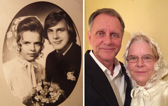 Here We Are, Almost 44 Years After Our Wedding. To My Amazement, The Wedding Dress Still Fits. 1971 And 2015