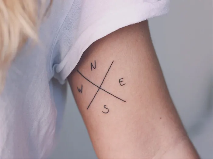 Compass travel tattoo on arm with directional letters N, S, E, W in minimalist style.