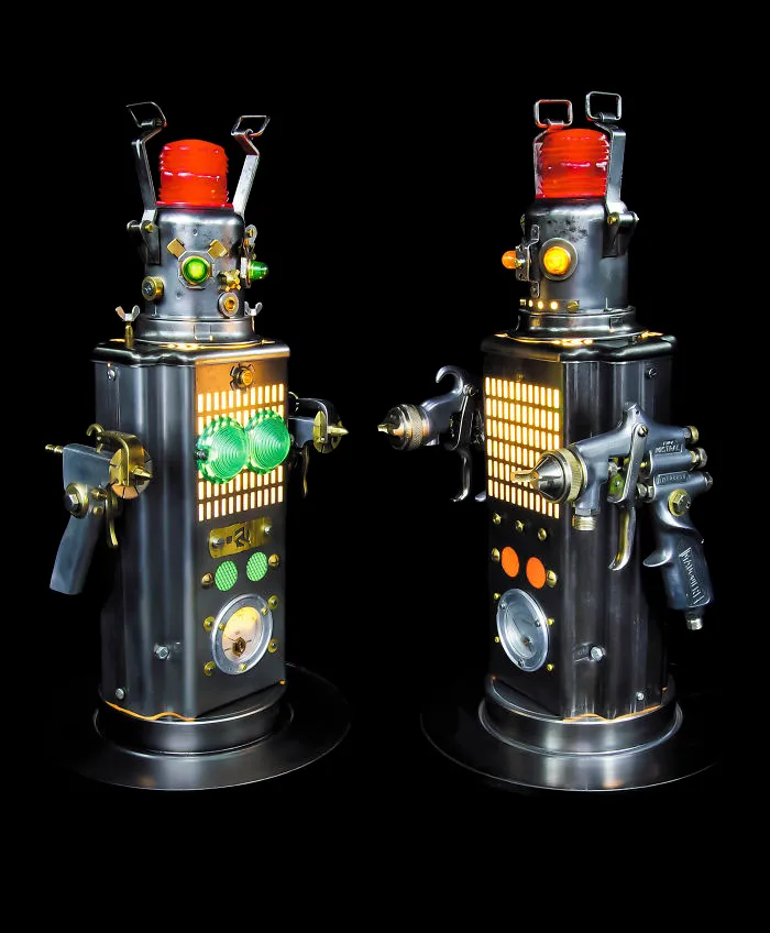 I Sculpt Illuminated Robots From Upcycled Materials