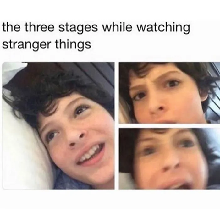 Child experiencing three emotional stages while watching Stranger Things, depicted in a humorous meme format.