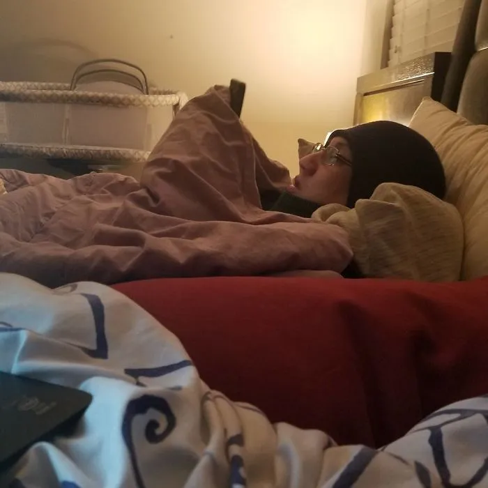 My Poor Husband.  Freezing So I Can Be Comfortable.