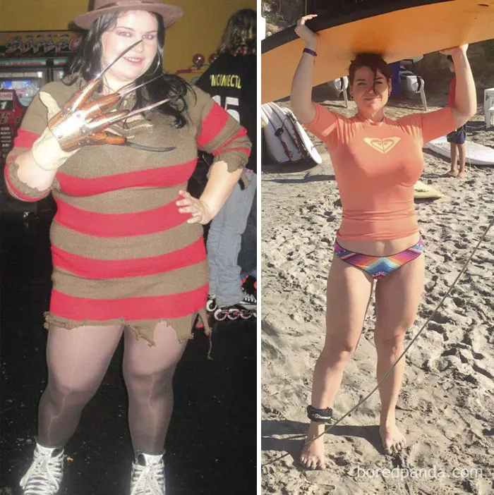 Before and after weight loss transformation, showing the same person in different outfits and settings.