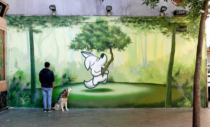 Artist Mixes His Mascot, An Adorable White Dog, With Wonderful Street Arts