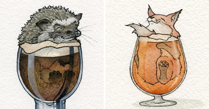 Watercolor Artist And Home Brewer Creates Cute Drawings Of Animals Chilling Out In Booze