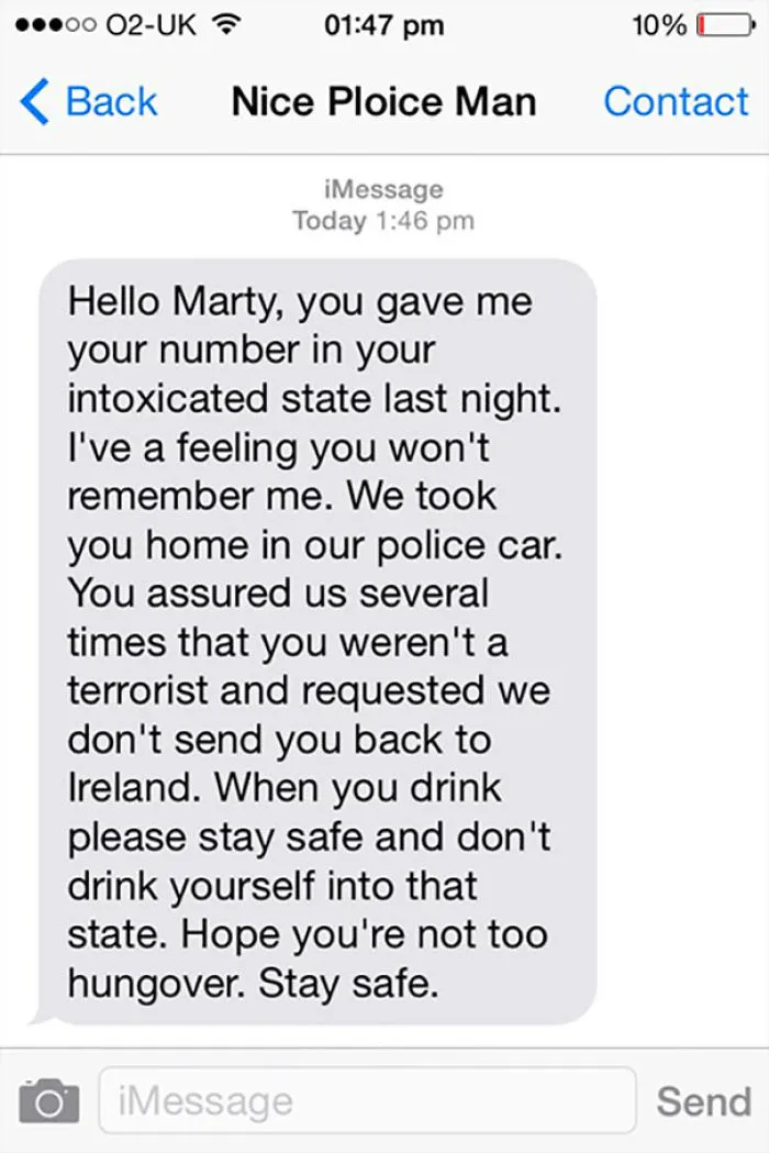 Officer In The Uk Sends A Text To A Man He Gave A Ride Home To When He Was Drunk. Even The Police Are Classy Gentlemen Over There