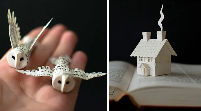 Hago miniaturas de papel reciclando libros viejos