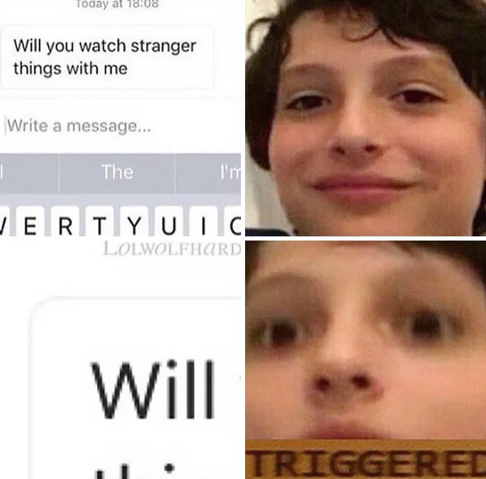 "Stranger Things" meme with a text conversation and a series of amused and surprised expressions.