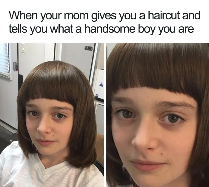 Stranger Things meme of a boy with a new haircut humorously compared to a character's style.