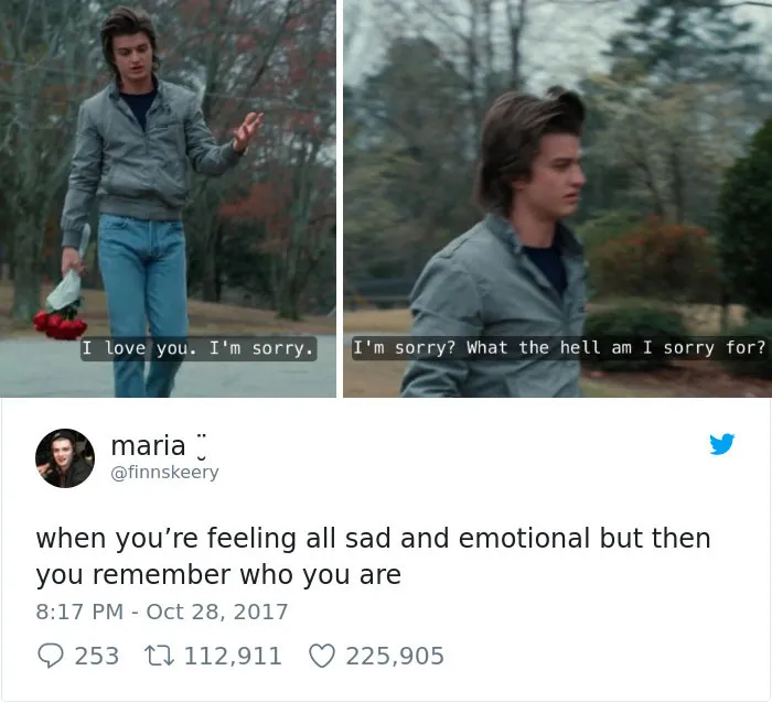 "Stranger Things meme showing a character holding flowers, captioned with humorous self-reflection."