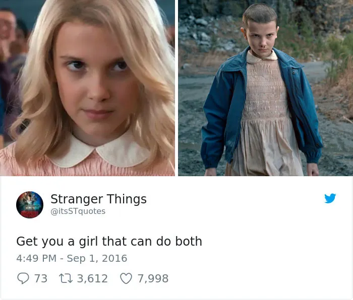 "Stranger Things meme showing a character with long hair and shaved hair, captioned 'Get you a girl that can do both.'"