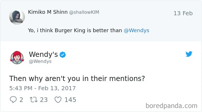 Wendy's witty Twitter roast in response to a comparison with Burger King.
