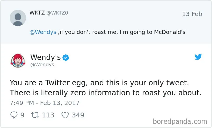 Wendy's funny Twitter roast reply to a user with no profile information.