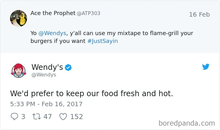 Wendy's roasting a Twitter user with a witty reply about keeping their food fresh and hot.