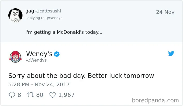 Wendy's witty Twitter roast response to a user mentioning McDonald's.