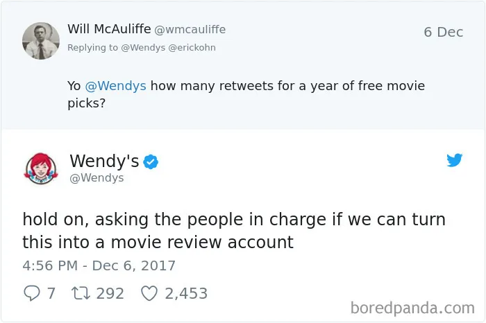 Wendy's humorous Twitter roast reply about retweets and movie reviews, showcasing their witty online presence.