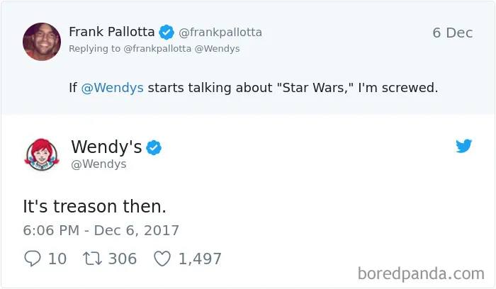 Wendy's roast on Twitter responding to a user's Star Wars comment with humor.