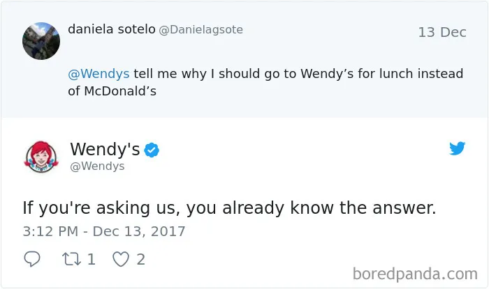 Wendy's Twitter roast replying with witty comeback about choosing their lunch over McDonald's.