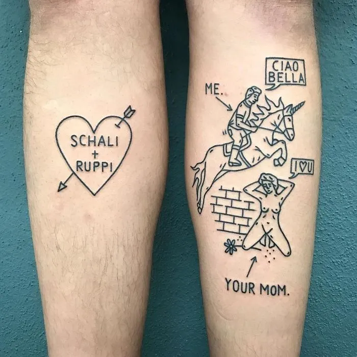 Irreverent tattoos from a German artist featuring a heart with names and a humorous unicorn scene.