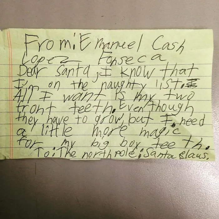 My Sons Note To Santa. "All I Want Is My Two Front Teeth"