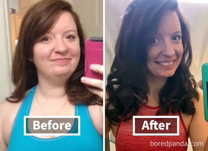 Before and after images of face fat loss showing weight loss progress.
