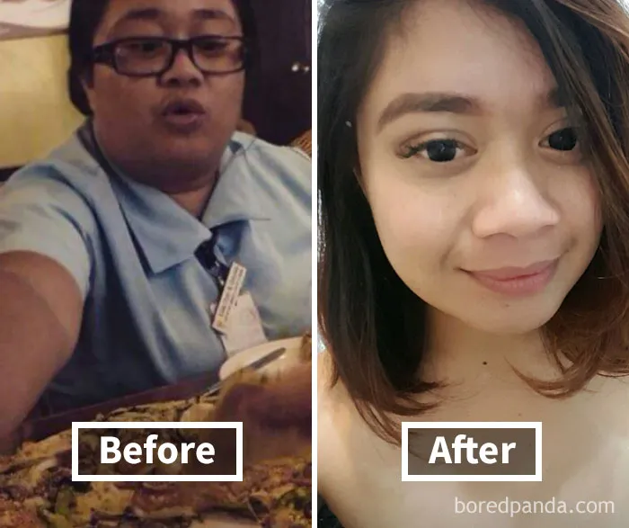 Before and after photos showing face fat loss from weight loss transformation.