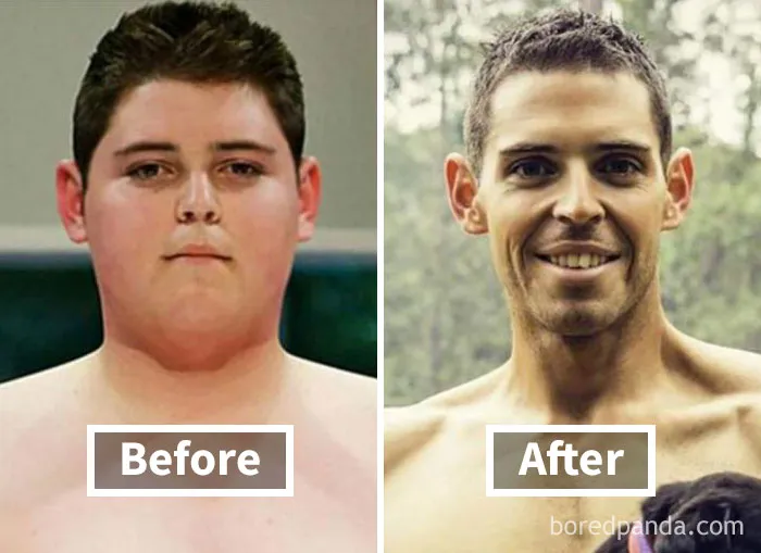 Before and after images showing face fat loss and significant weight reduction.