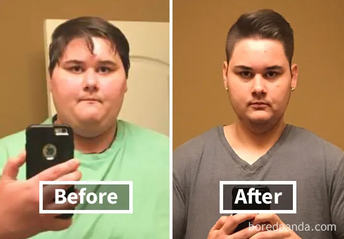 Before and after images showing face fat loss progress in a weight loss journey.