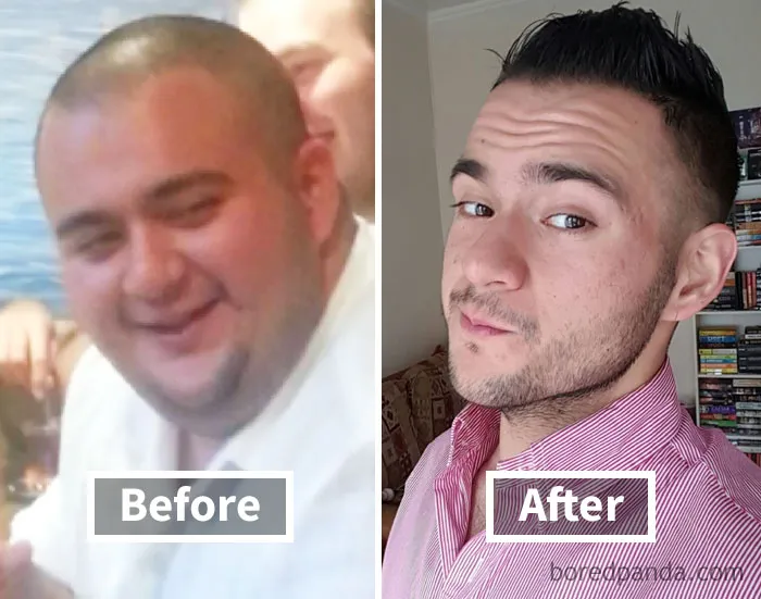 Before and after photos showing face fat loss transformation.