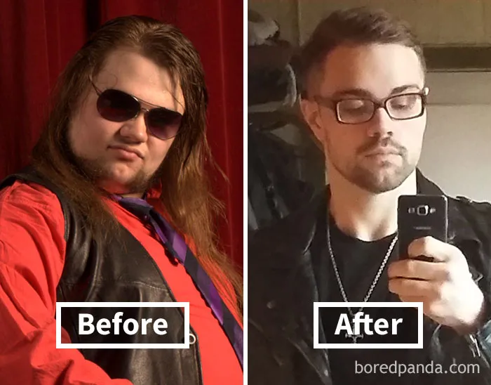Before and after weight loss face transformation with noticeable fat loss.