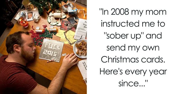 9 Years Ago Mom Told Son To “Sober Up” And Make His Own Christmas Cards, Son Doesn't Disappoint Every Year