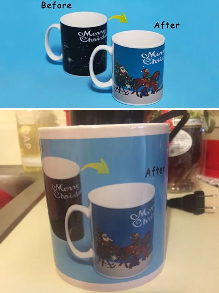 Compré esta taza para mi esposa esperando que se convirtiera en una escena navideña al calentarse, pero...