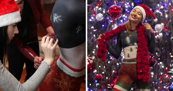 Body Painted Christmas Elf Takes On Santacon In New York