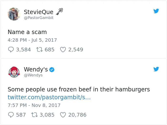 Wendy's witty Twitter roast about frozen beef in response to a user's challenge.