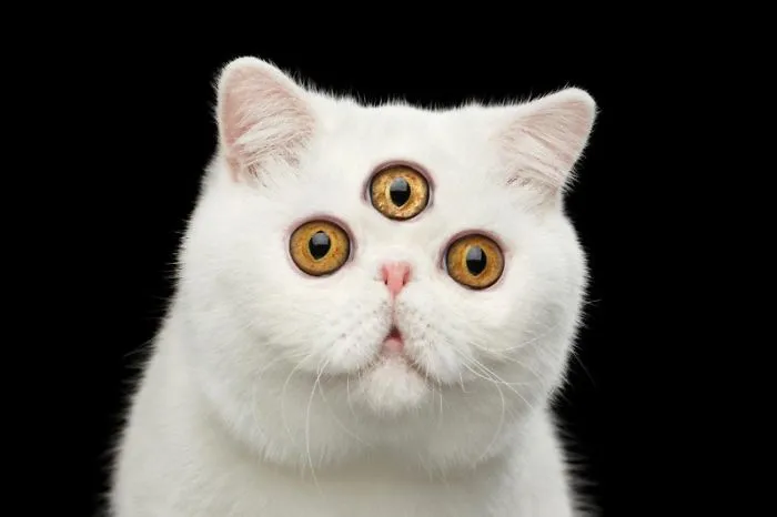 Three-eyed white cat in front of black background