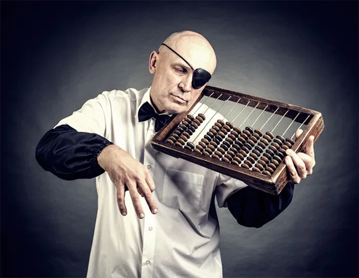 Man in eyepatch pretending to play the violin with an abacus