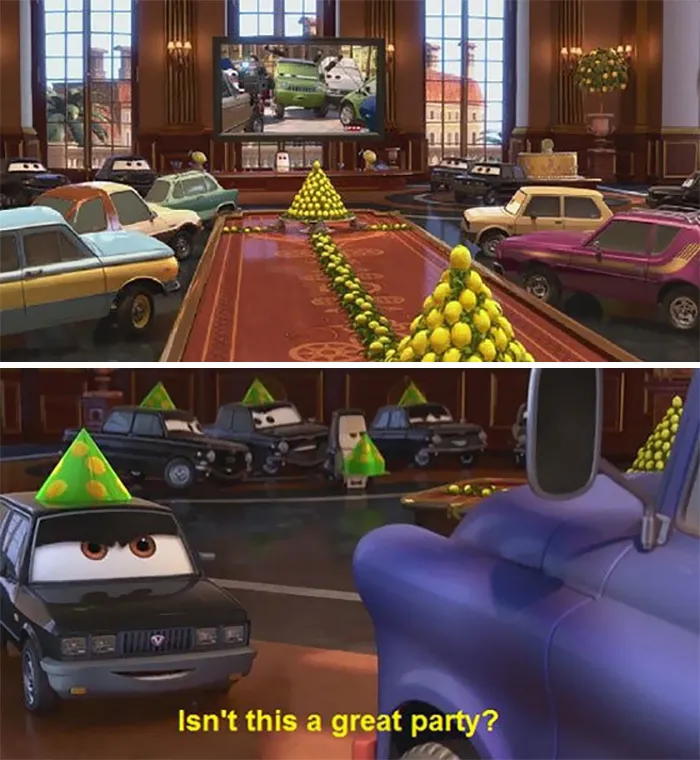 Fiesta de limones en Cars 2. Si no sabes lo que es, mejor no lo busques en google