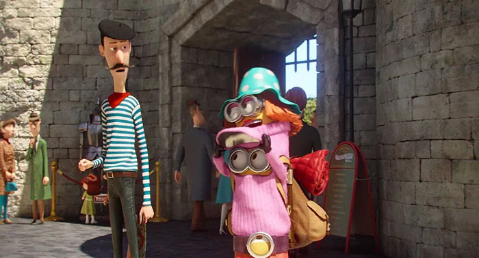 Los minions disfrazados de señora normal y un francés mirándole "los pechos"