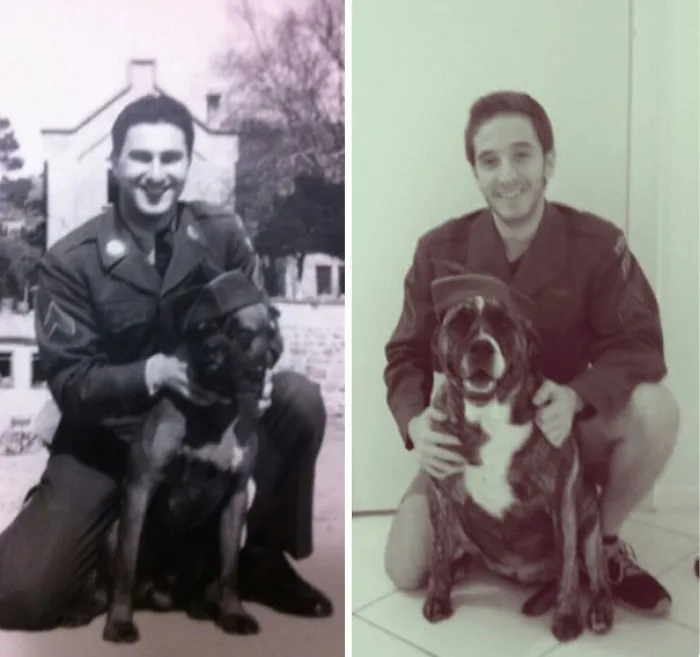 Mi abuelo y yo, con 60 años de diferencia. Ambos tenemos 23 años en las fotos y llevamos la misma chaqueta