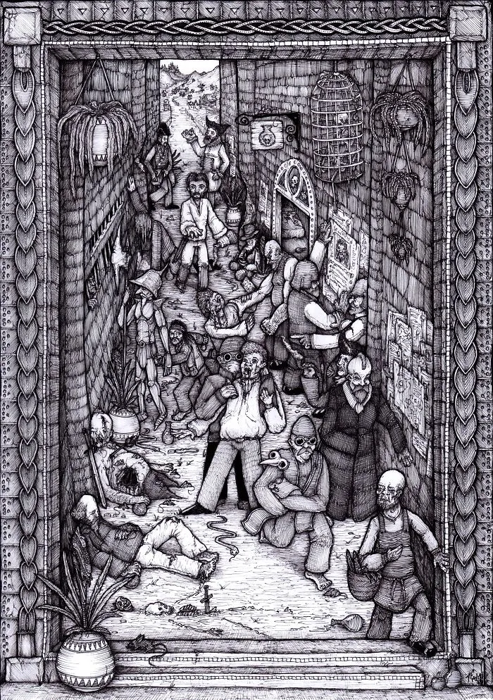 I Draw Intricate Dark Fantasy Drawings Inspired By Classical Artists And Modern Cartoons 